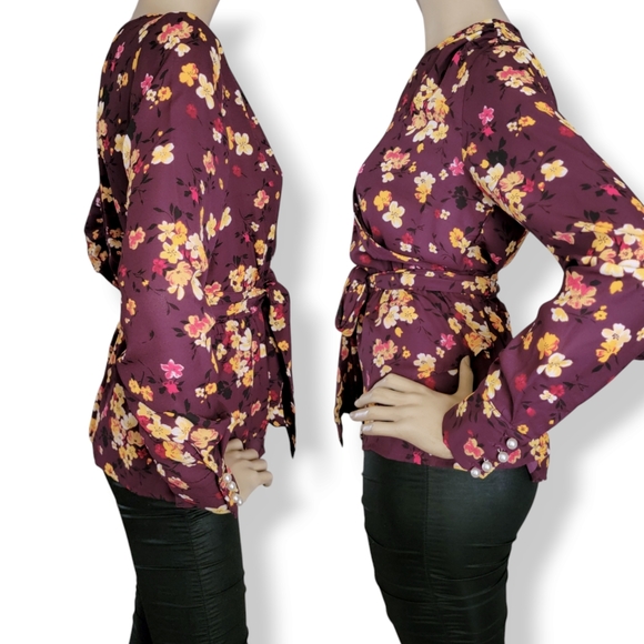 Gibson Plum/Purple & Yellow Floral Wrap Tie Waist Long Sleeve Top Size Small - Picture 4 of 8